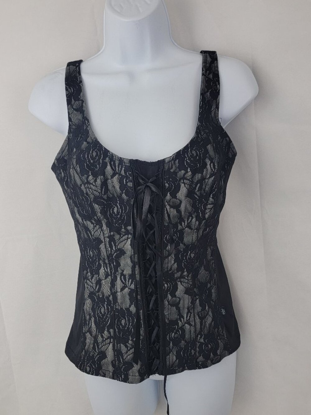 ROYAL BONES Womens M Corset Tank Top BLACK Lace Roses Whimsigoth Y2K Ren Faire
